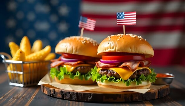 Two American flag-topped burgers with fries sit against a blurred American flag background, a patriotic image for Patriot Day, Memorial Day, or to never forget. American flags in the background