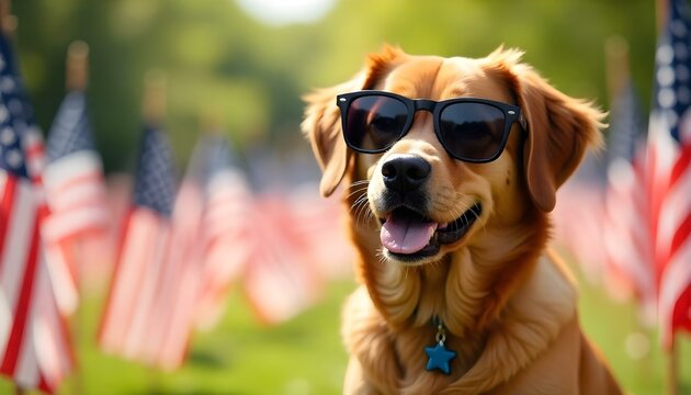 A golden retriever in sunglasses smiles with American flags in the background, perfect for a Patriot Day or Memorial Day remembrance - Powered by Adobe