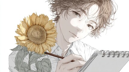Young man, light-brown hair, holds sunflower, sketching