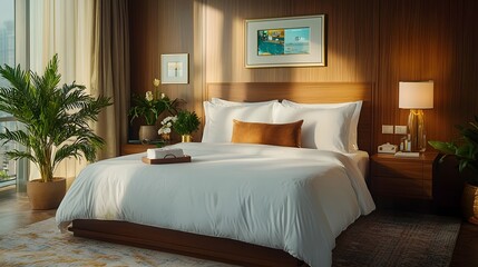 A beautifully designed and furnished bedroom suite in an upscale hotel featuring plush bedding elegant decor and a serene calming atmosphere for a relaxing stay