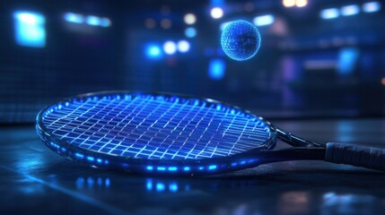 Futuristic tennis racket glows blue in dark space. Virus floats