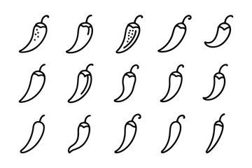 Obraz premium Chili pepper vector icon set in outline style. Spicy food element. Simple line drawing of various peppers. Isolated on white.