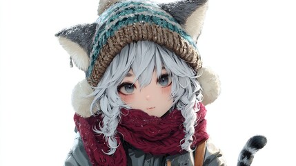 Close-up of anime girl, winter attire, soft features