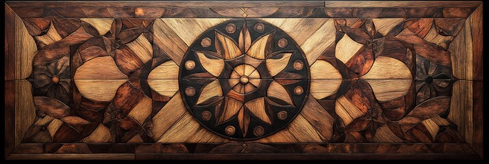 Top down 2D inlaid wood pattern intricate classical motifs crafted from mixed hardwood tones printable with no lighting or depth