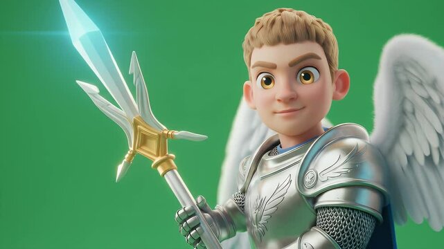 Smiling Cartoon Angel Warrior with Silver Armor Holding Halberd Heroic Figure Isolated on Green Screen for Visual Effect and Game Asset 3D Render