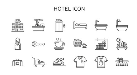 Collection of Linear Hotel Icons: Building, Reception, Key, Room Service, and Amenities