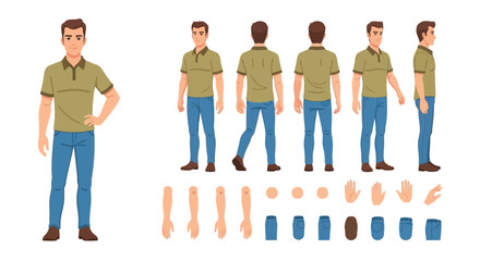 Cartoon Man Character Design with Front, Back, Side Views and Body Parts © Basecamp