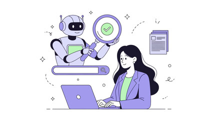 Robot Assistant with Magnifying Glass and Woman Using Laptop Illustration