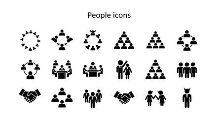 Collection of Black Silhouette People Icons Depicting Various Interactions and Groups