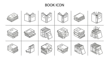 Collection of Isometric Line Art Book Icons: Stacks, Single Books, and Open Books in Black and White