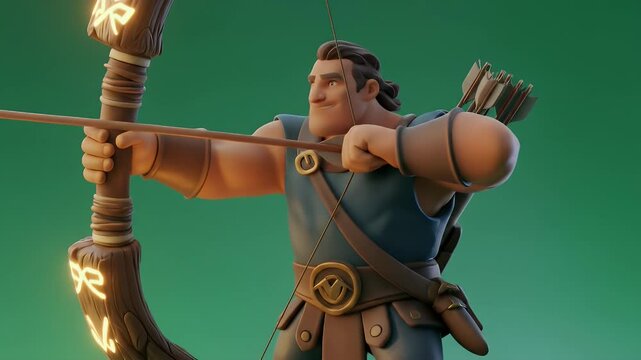 Stylized 3D Human Archer Ready to Shoot Bow with Glowing Runes Isolated on Green Screen Perfect for VFX and RPG Games and Fantasy Themed Visuals