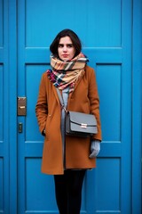 A woman in a stylish coat and scarf stands confidently against a vibrant blue door, creating a fashionable statement