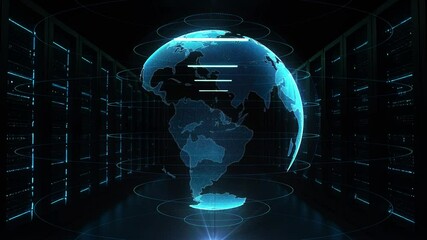 Technology big data service center, high-tech Internet data storage. Server room data flow processing, management services with spinning tech world and hand of AI robot touch and activate the button - Powered by Adobe