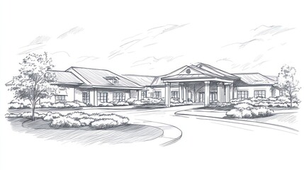 Fototapeta premium Sketch of a large building with landscaping