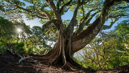 the buttresses of a majestic fig tree ficus sp on rincon de la vieja volcano costa rica