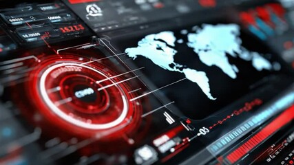 Cybernetic World Map: A futuristic digital interface presents a glowing world map with intricate data visualizations, reflecting a complex, interconnected global network. - Powered by Adobe