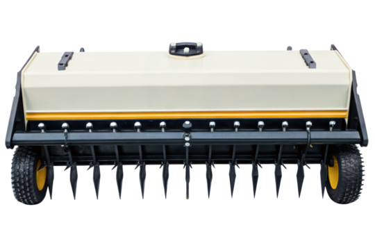 Heavy-duty lawn aerator with spikes and wheels for efficient soil aeration isolated with transparent background