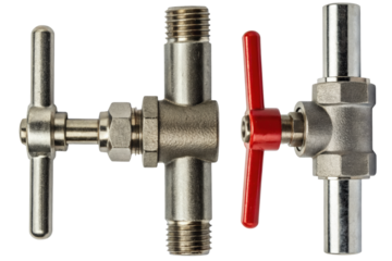 Two different metal plumbing valves with handles isolated with transparent background