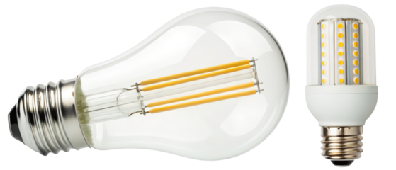 Two modern energy-efficient LED light bulbs isolated with transparent background