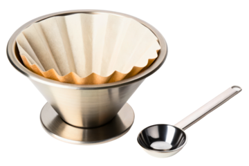 Stainless steel pour-over coffee brewing set isolated with transparent background