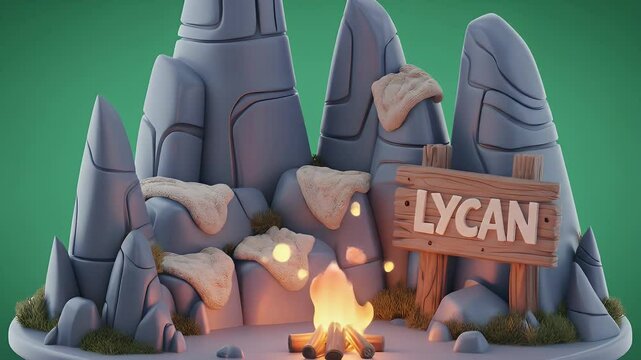 Stylized Rock Formation with Campfire and Wooden Sign on Green Screen 3D Render Ideal for Game Development and Visual Effects Adventures