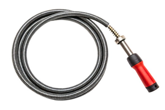 Coiled flexible metal drain cleaning tool isolated with transparent background