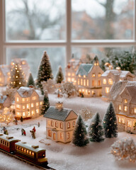Miniature christmas village, gifts, christmas tree in the town, christmas tree in the city