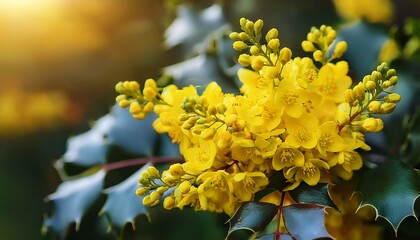 mahonia aquifolium holly leaved barberry yellow flowers closeup selective focus