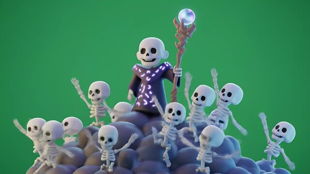 Undead Skeleton Mage Idle Animation With Glowing Staff on Green Screen a 3D Render Low Angle Fantasy Character for VFX and RPGs