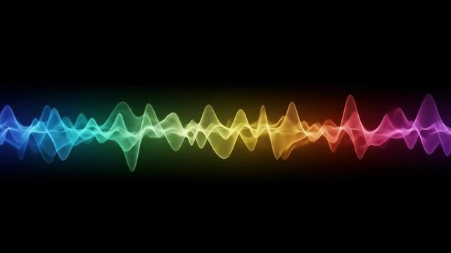 Abstract vibrant rainbow spectrum sound wave against black background animation.
