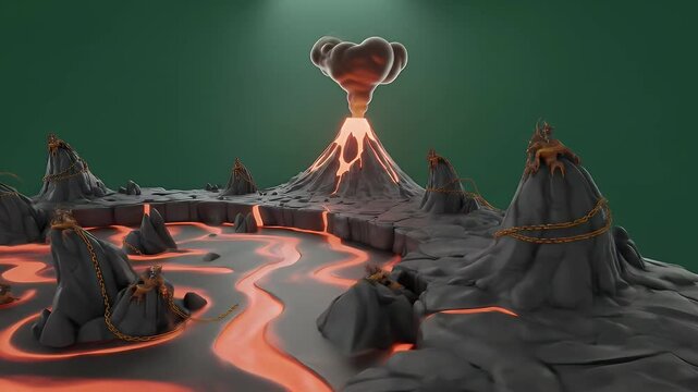 Volcanic Landscape 3D Render Animation Featuring an Isolated Green Screen Volcano with Smoke and Lava Jagged Peaks Connected by Molten River Front View for Visual Effects