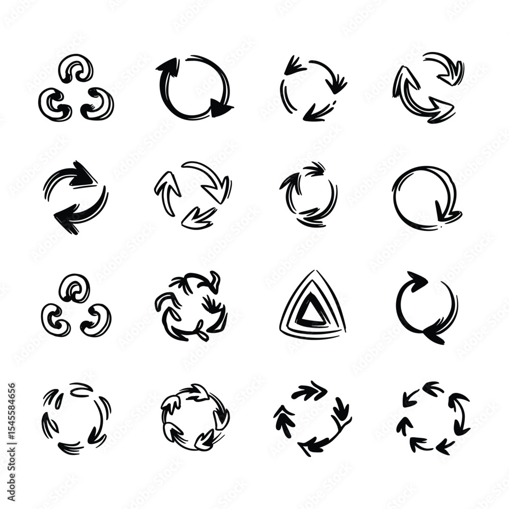 Poster a set of hand-drawn circular arrows in doodle style. perfect for graphic design projects, presentati