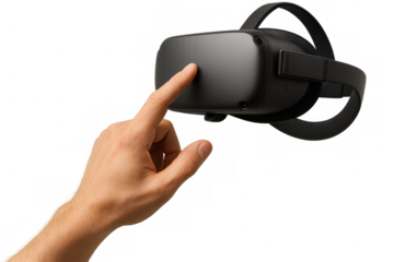 Close-up of a hand interacting with a virtual reality headset, isolated on a transparent background, ready for immersive experiences