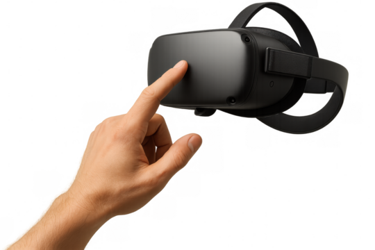 Close-up of a hand interacting with a virtual reality headset, isolated on a transparent background, ready for immersive experiences - Powered by Adobe