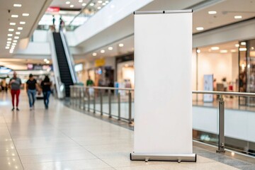 Blank rollup poster mockup stand in a shopping mall or retail center. Perfect for branding, advertising, corporate identity, promotions, and professional presentation templates.

