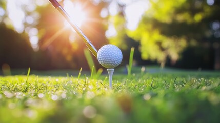 Golf ball on tee, club about to strike. Sunlight
