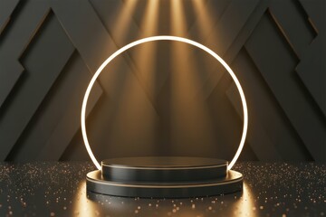 Black podium product stage with spotlight and golden glitter background.