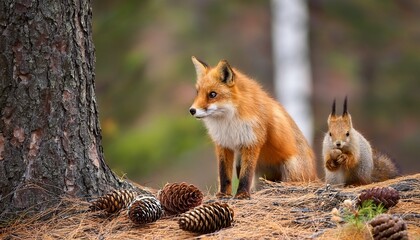 Fototapeta premium fox with squirrel and pinecones