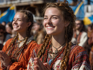 Group of international students performing a spontaneous cultural skit at the Festival of Nations, dressed in traditional attire from multiple continents, crowd clapping and laughing.