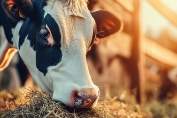 Farmer Farm Barn Adding Food for Animals Healthy Dairy Cows Feeding on Fodder Standing in Row