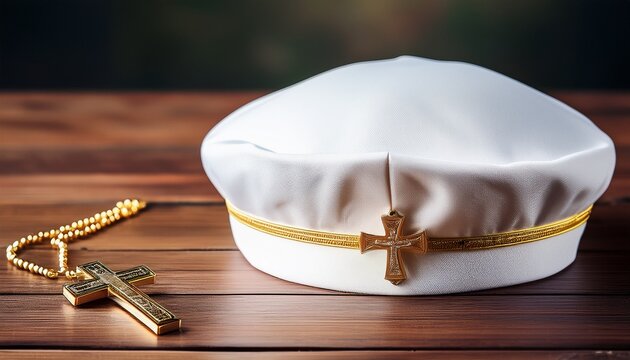white zucchetto and golden pectoral cross on wooden table symbol of the papacy and the catholic faith