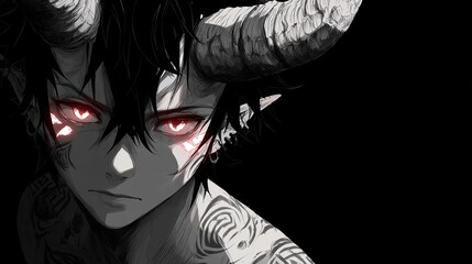 Close-up of a dark-haired figure with horns and red eyes, grayscale tones with highlighted red details and tribal markings on skin