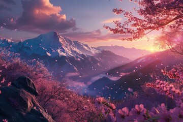 High Quality Image of Sunset Landscape with Maple and Cherry Trees