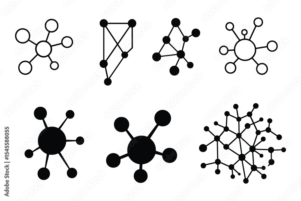 Poster a set of abstract network connection diagrams with nodes and lines. represents various connection pa