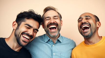 Faces of happy men experiencing laughter therapy - laughter is the best medicine concept, three men having a proper belly laugh captured by the camera, try it, you'll love it too