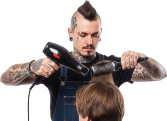 Tattooed male hairstylist blow drying and brushing client's hair Isolate