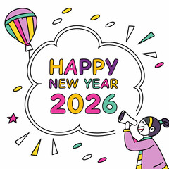 Happy new year 2026 colorful cartoon illustration