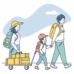 Happy family walking outdoors with luggage and cart