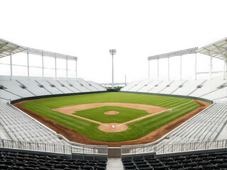 Fototapeta premium Empty modern baseball stadium with white seats and green field