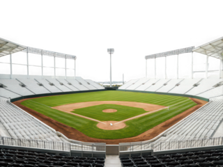 Empty modern baseball stadium with white seats and green field